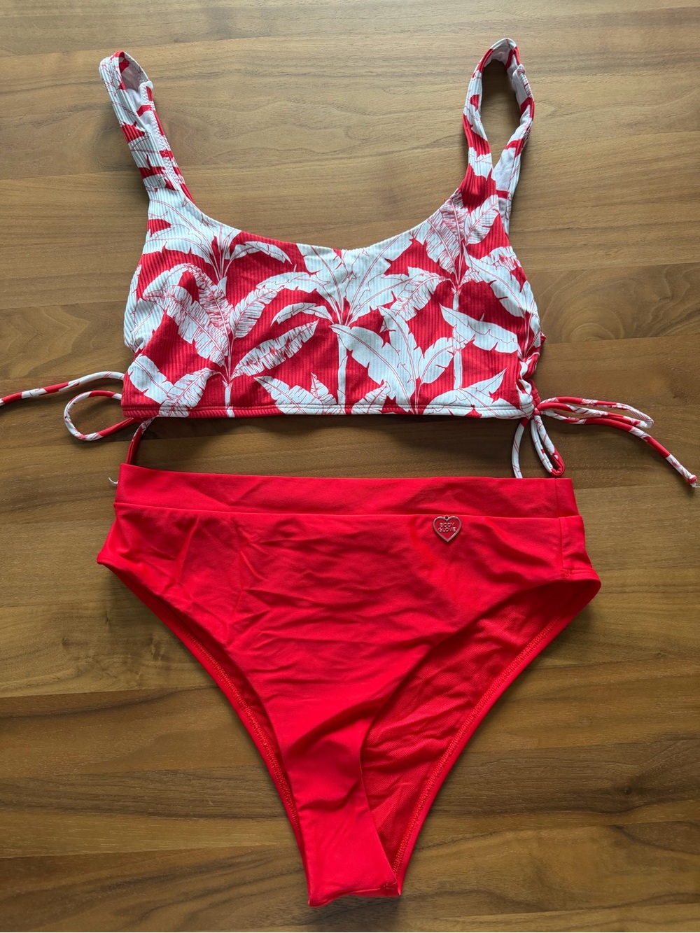 Body Glove Red Tropical Print Bikini Set. Side tie pull on top; high cut bottom.
